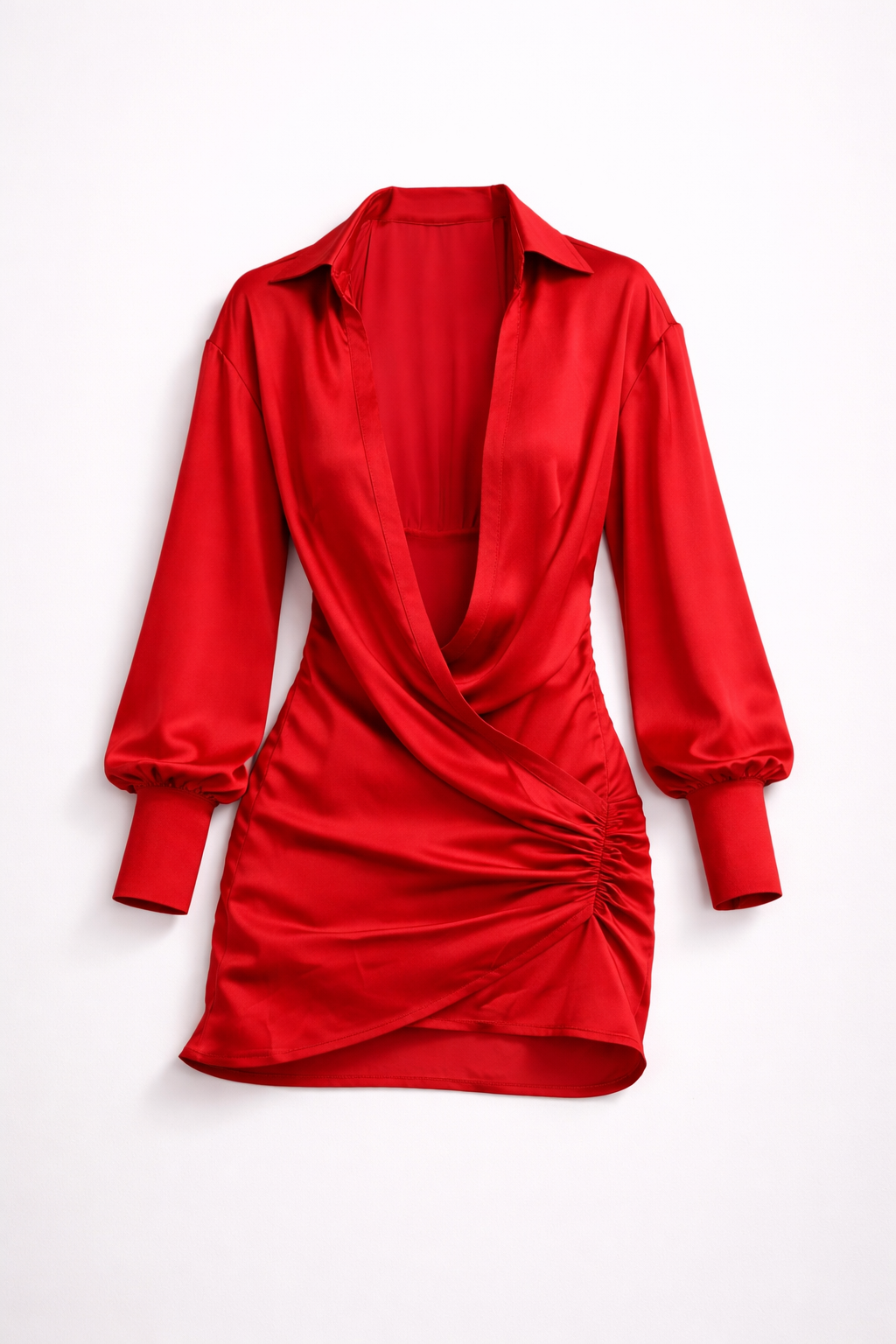 Deep V-neck Solid Color Long Sleeve Mini Dress