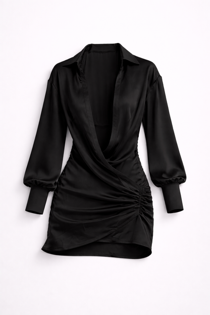 Deep V-neck Solid Color Long Sleeve Mini Dress