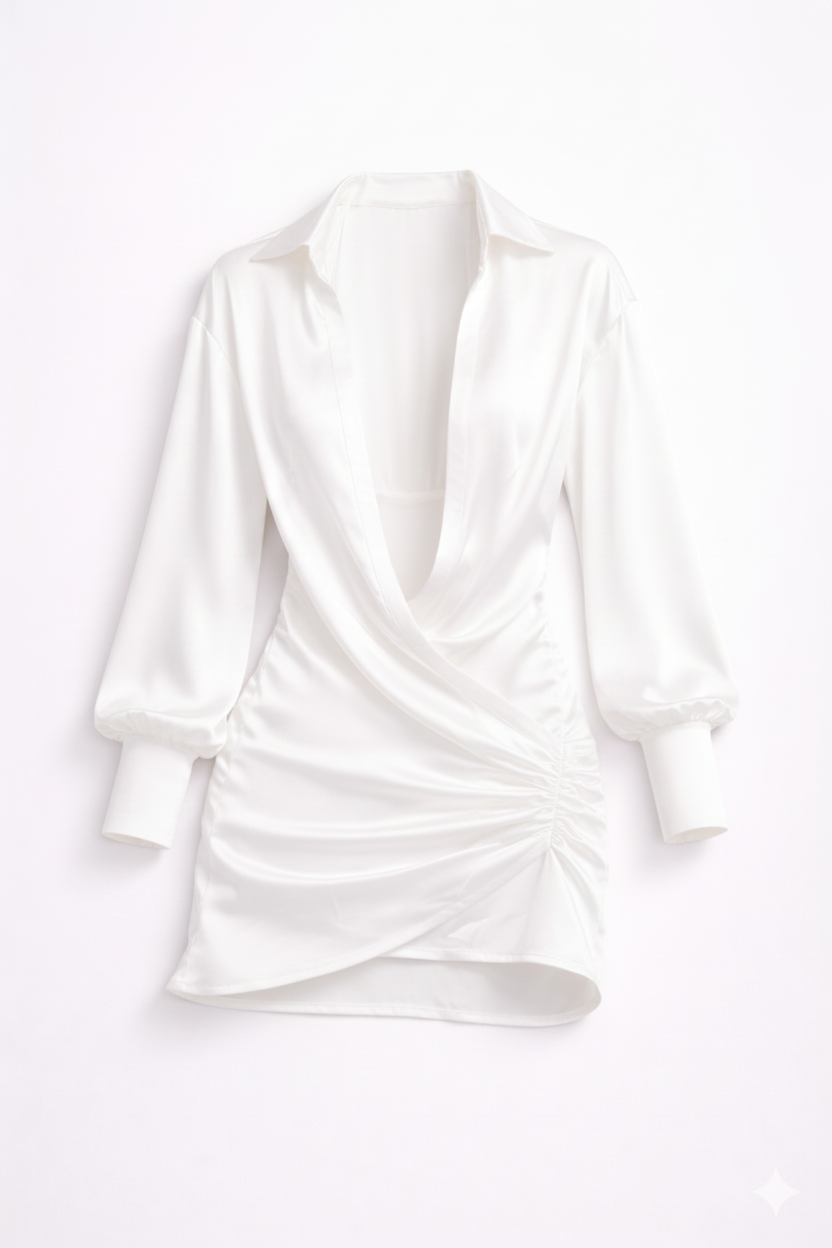 Deep V-neck Solid Color Long Sleeve Mini Dress