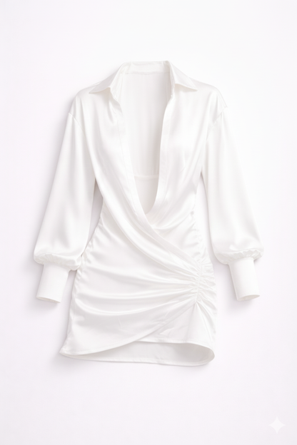 Deep V-neck Solid Color Long Sleeve Mini Dress